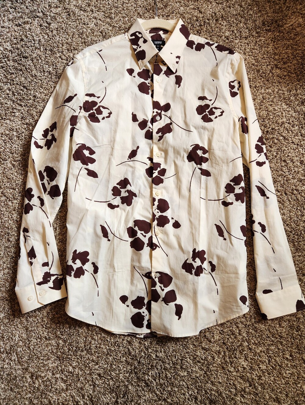 Express Men's Cream Floral Button-Up Shirt - Extra Slim 1MX - Size M Tall